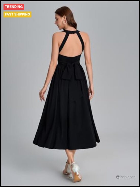 Floral Halter Corset Midi Dress with Smocked Back and Bow Tie - Picture 4 of 6